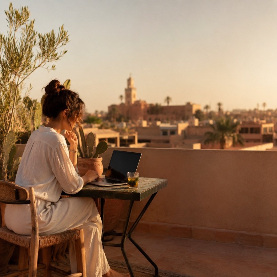 Remote work setup on a Marrakech rooftop