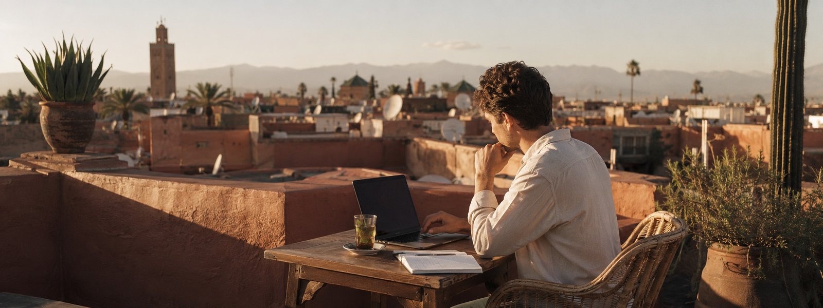 Marrakech rooftop at golden hour with mint tea and a laptop